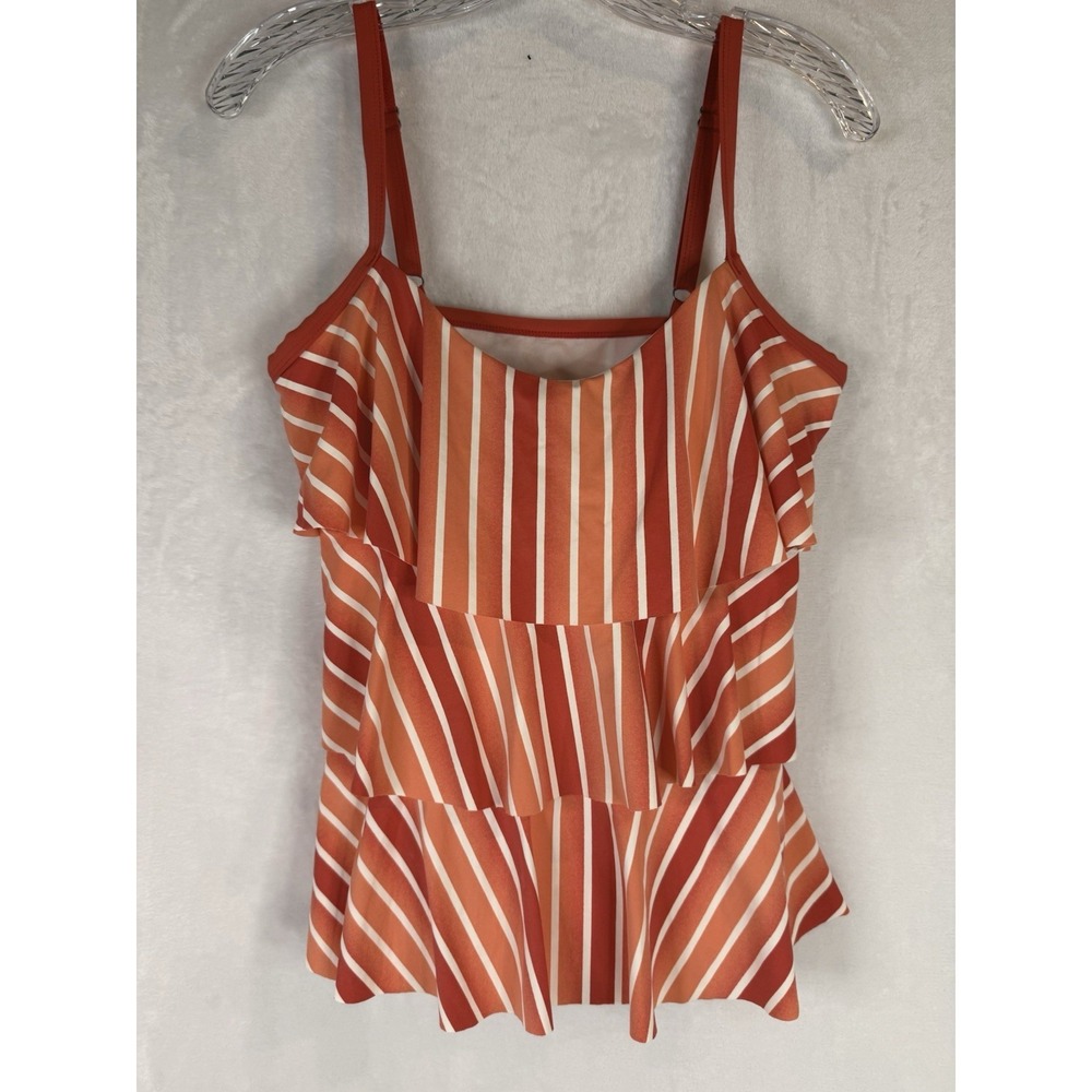 Beach House Stripe Tiered Tankini Top 10 Coral Orange Swim Ruffle Coastal